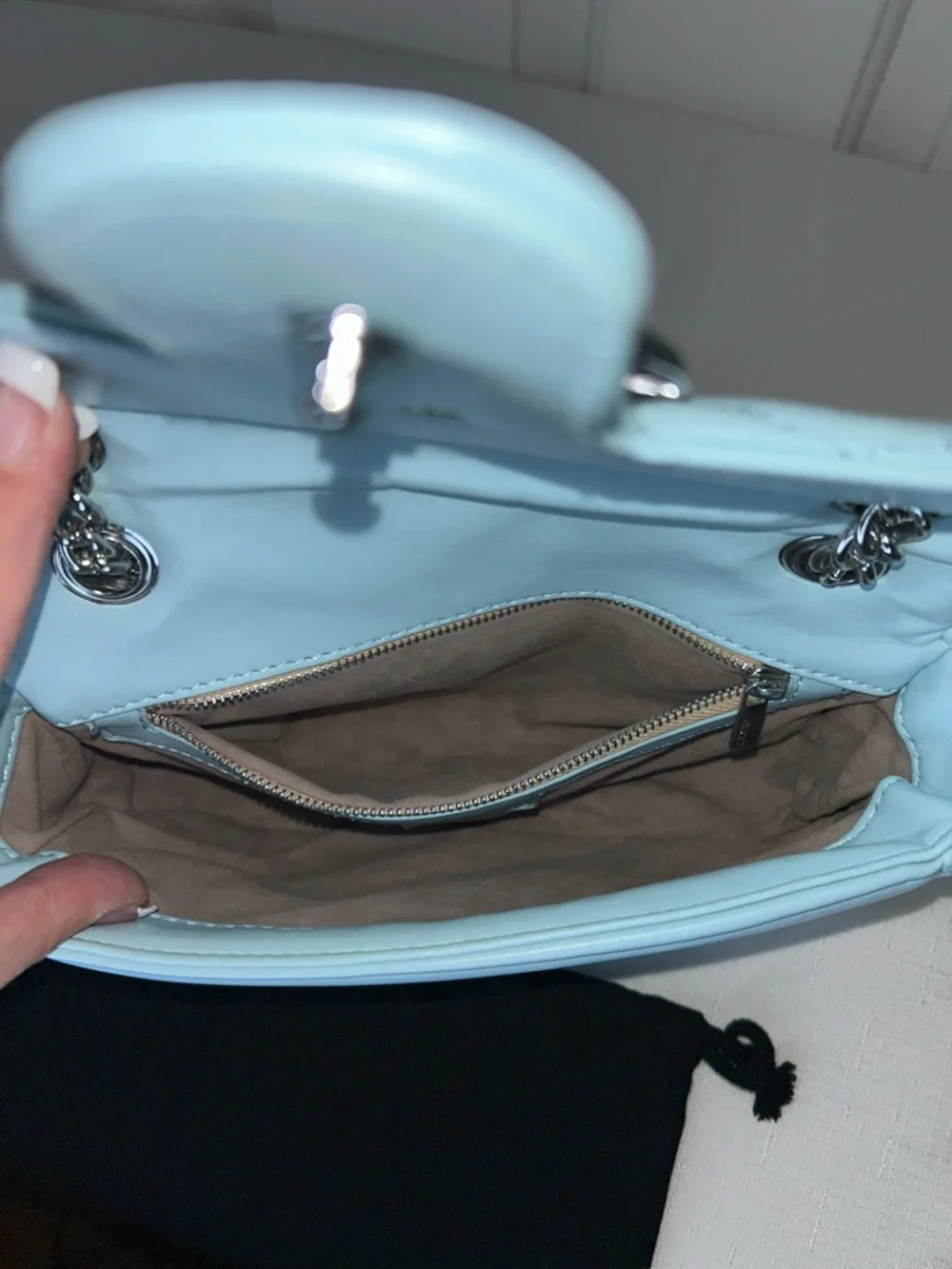 Light Blue Chevron Quilted Shoulder Bag with Silver Hardware and Dust Bag - Picture 9 of 13